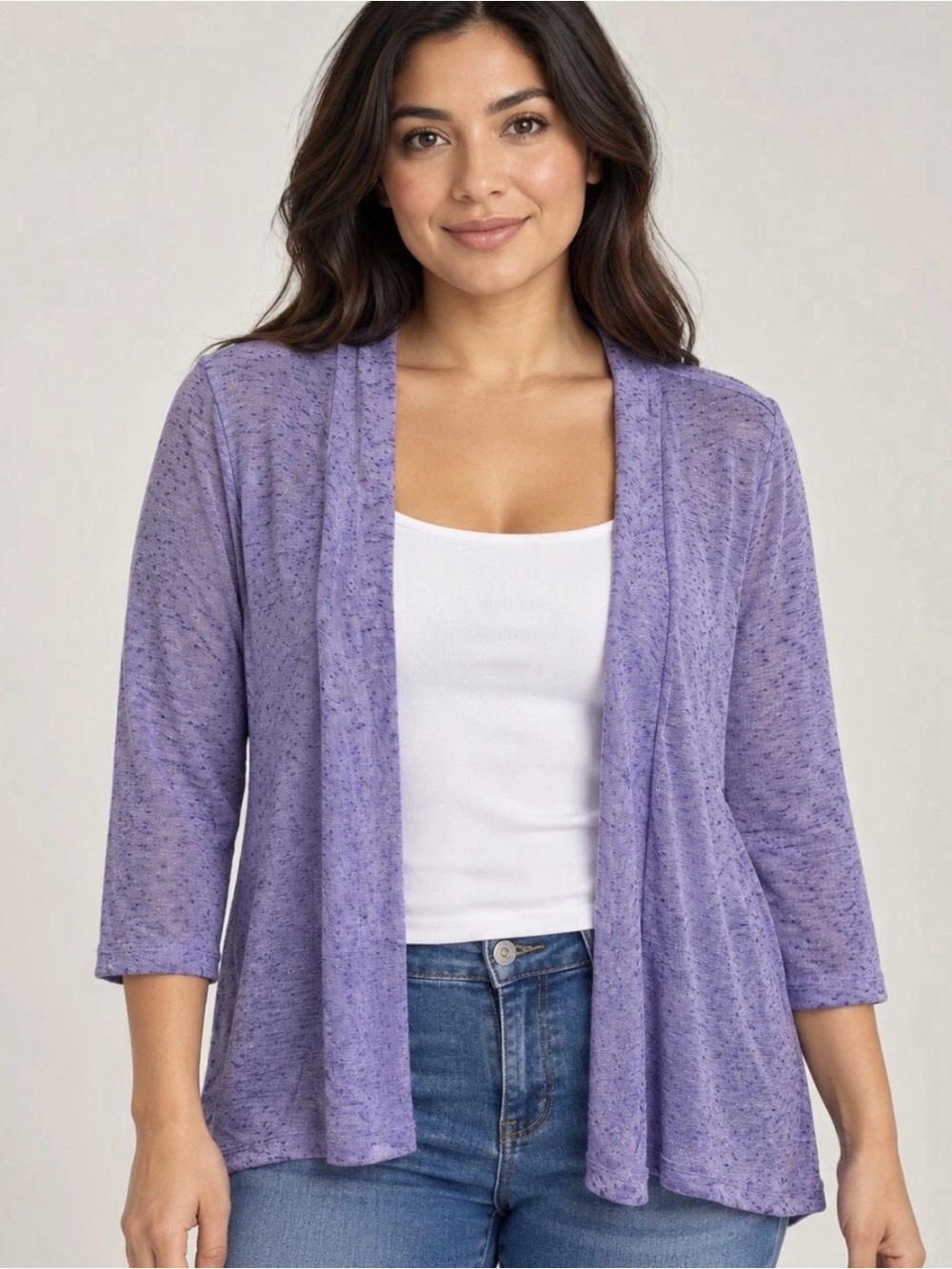 Denim & Co. Slub Knit Open Front Cardigan Soft Amethyst Small A721692